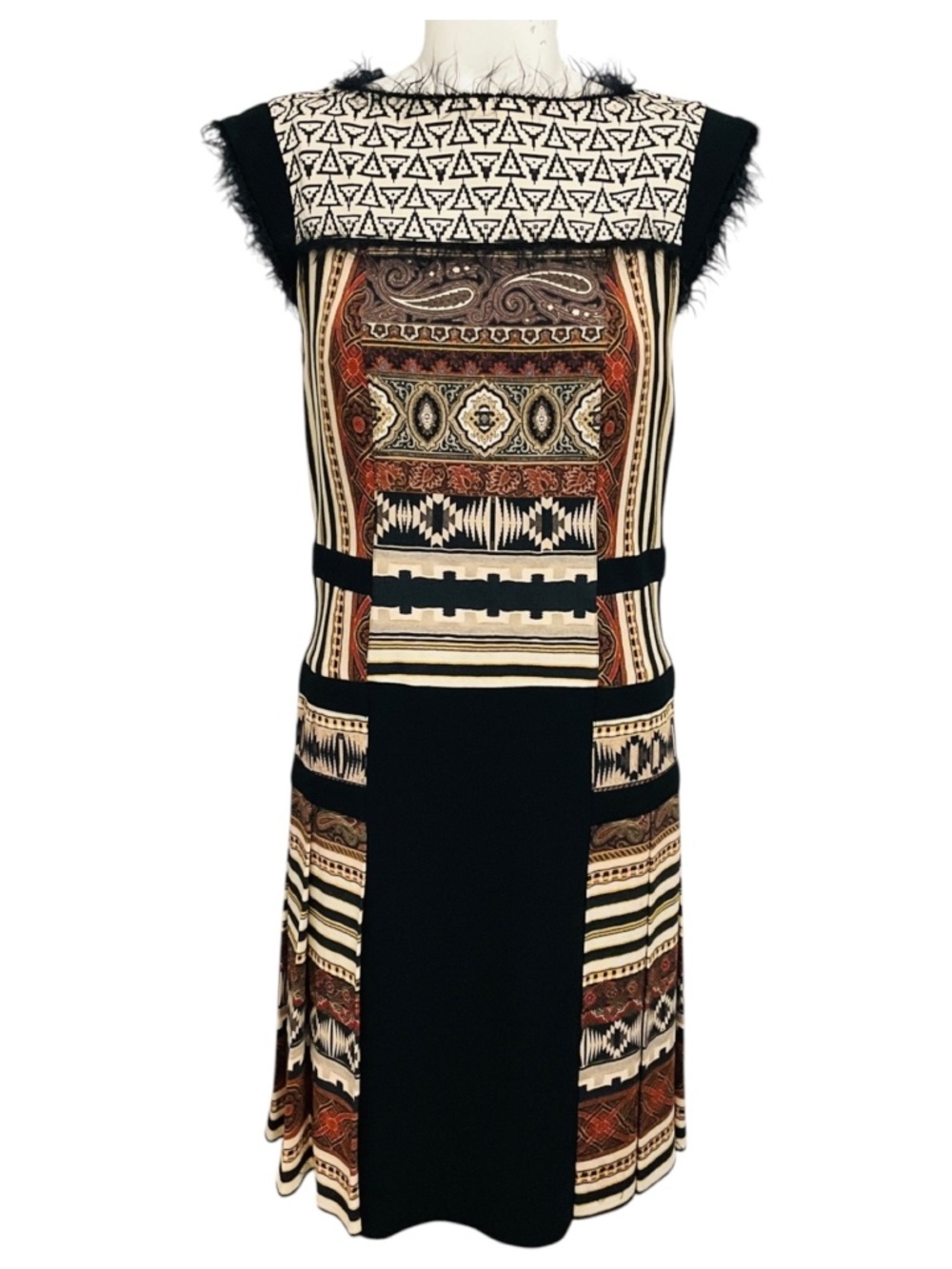 ETRO IVORY / BLACK MULTI PRINTED PLEATED DRESS WITH FRINGED TRIM